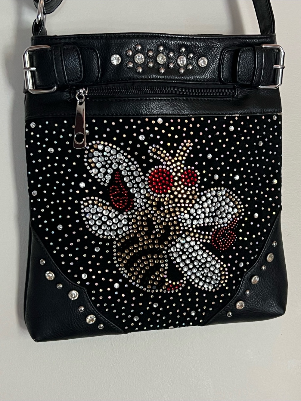 Black Rhinestone Hornet Studded Crossbody Shoulder Bag Adjustable Strap Purse